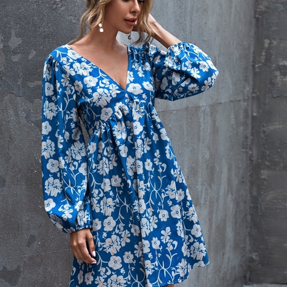 V neck open back floral print mini dress - BRICK - Picture 3 of 16